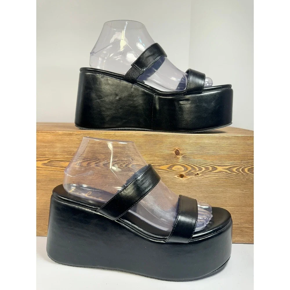 Lulus Chunky Platform Sandals Women SZ 9 Black Patent Y2K Club Bratz Heels Retro